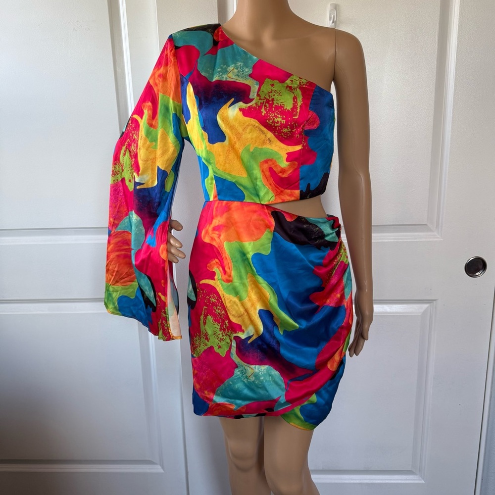 LUXXEL Colorful One-Shoulder Tropical Print Dress M